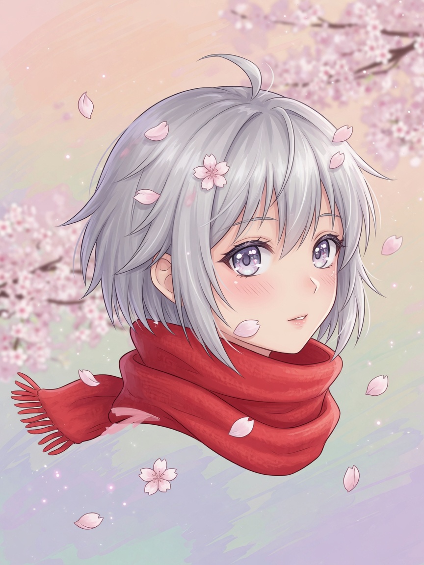 Anime portrait with silver hair and a red scarf among cherry blossoms