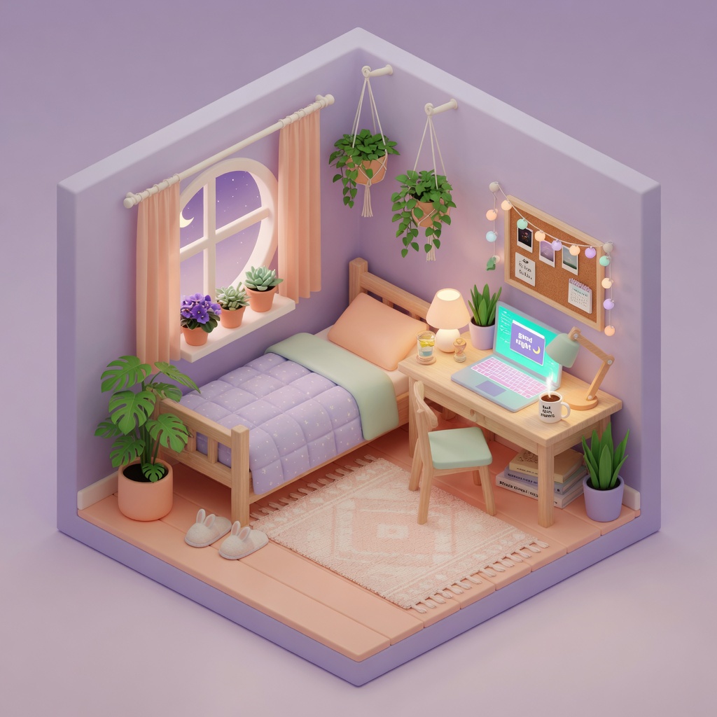 Isometric pastel bedroom with a bed and small furniture